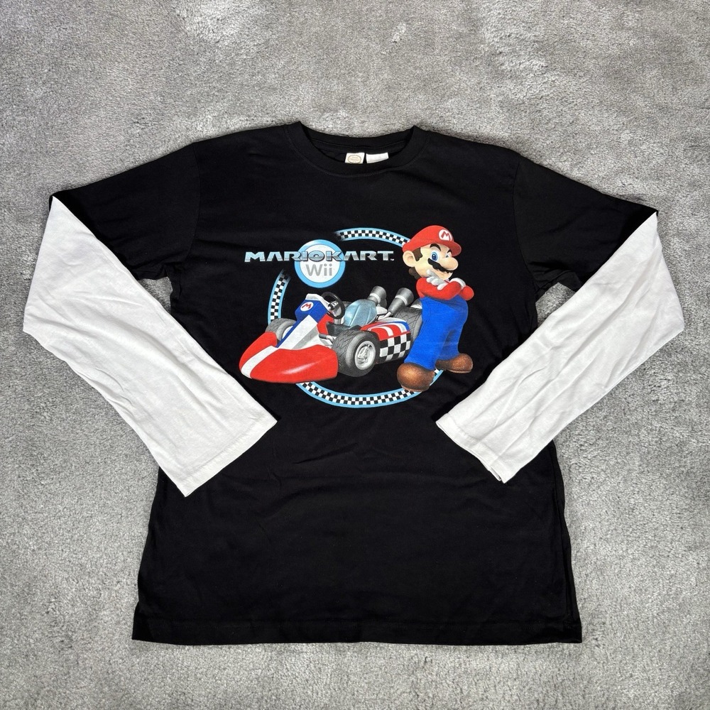 Vintage Mario Cart Wii T Shirt Youth Boy XL Black Double Layered Long Sleeve Y2K